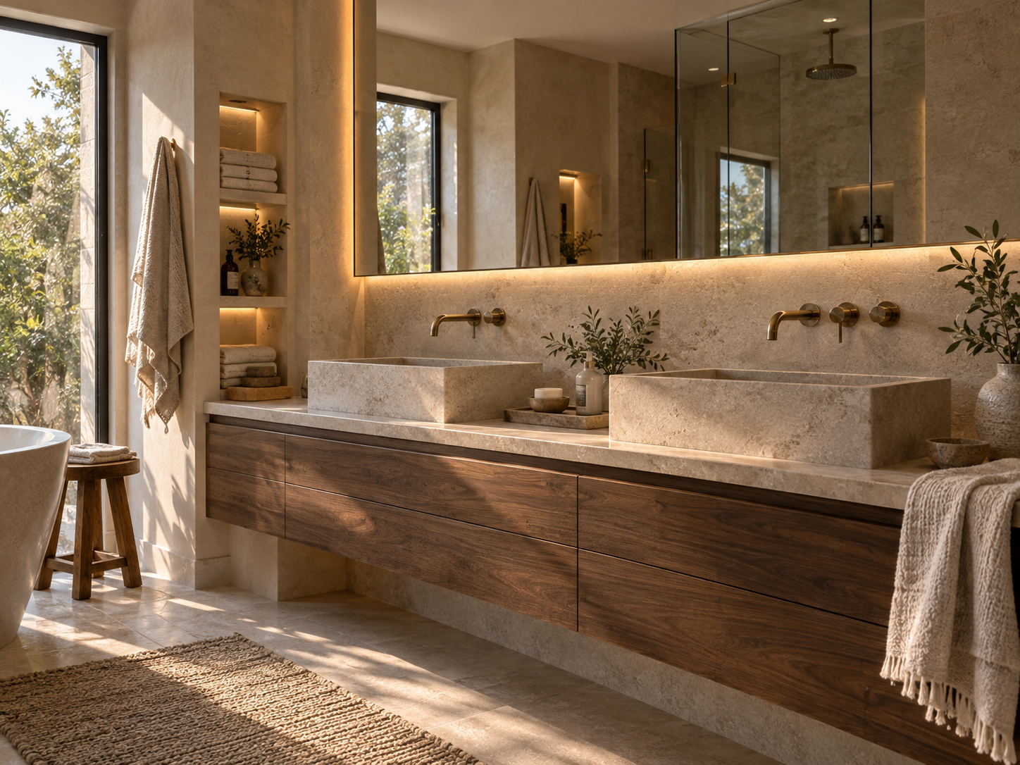 Indoor plants and greenery adding organic life to a calm spa-inspired bathroom interior