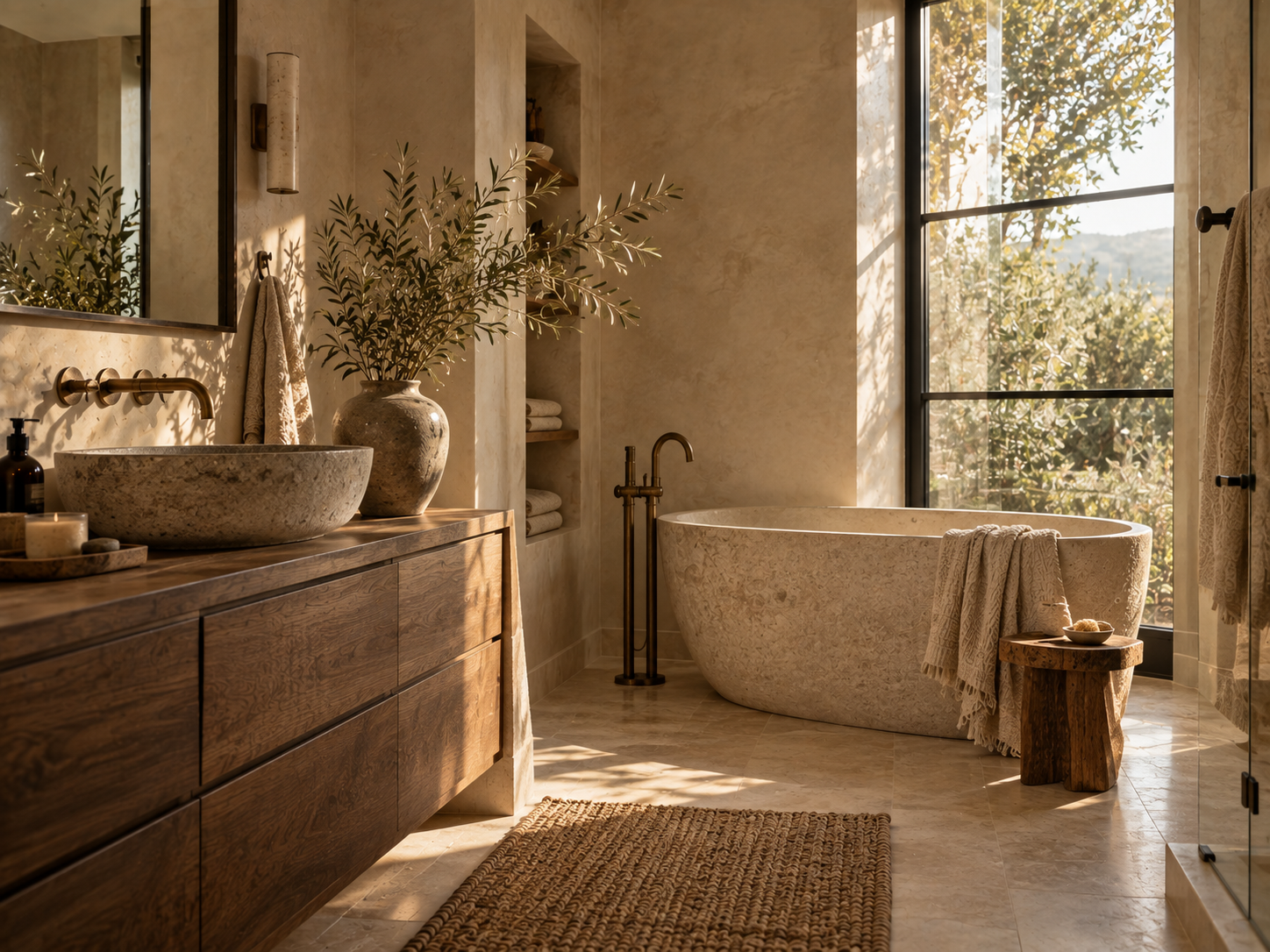 Timeless bathroom palette of warm neutrals and sophisticated stone tones in a refined interior