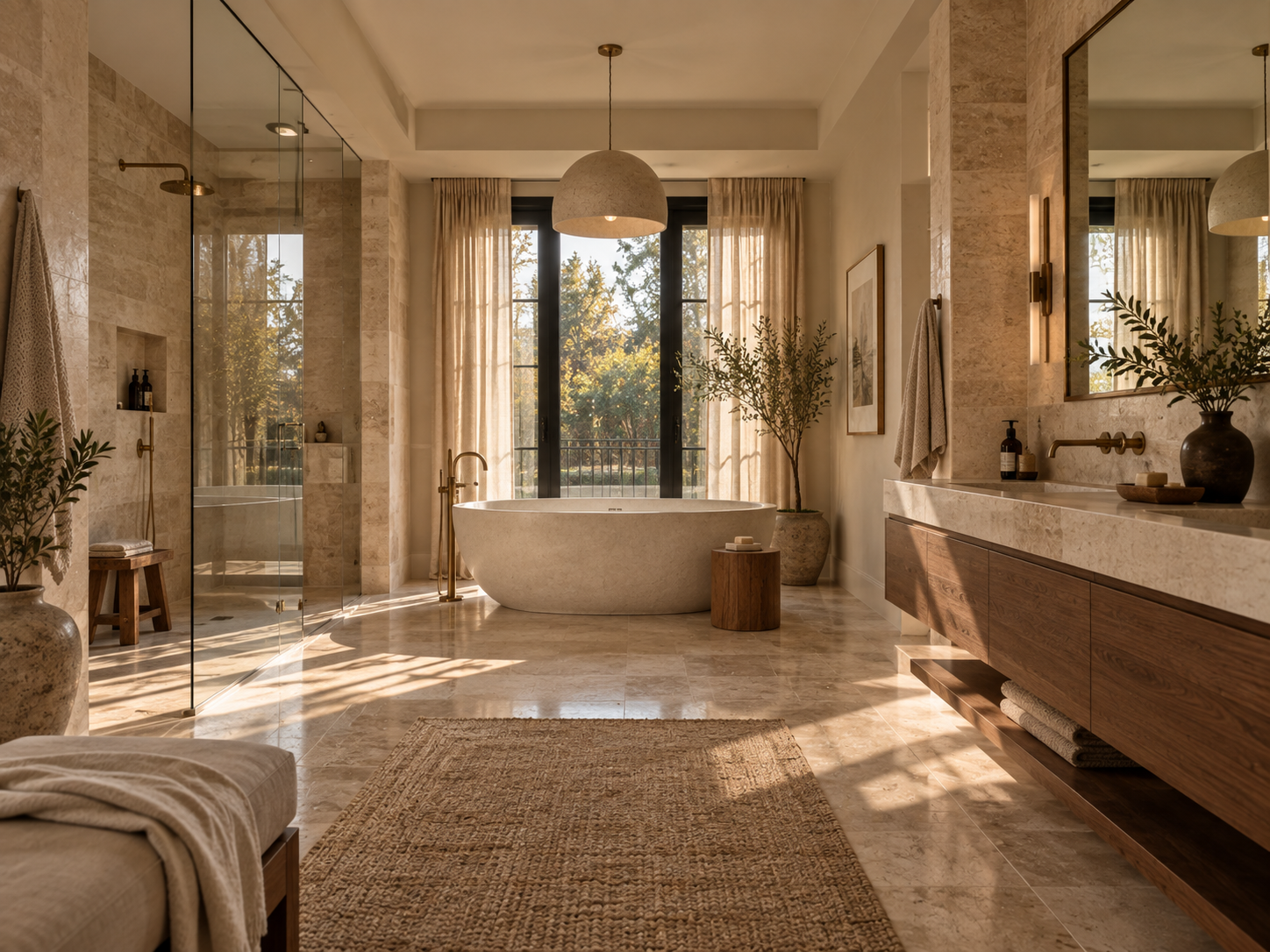 Personal retreat bathroom with curated materials layered lighting and calm spa atmosphere