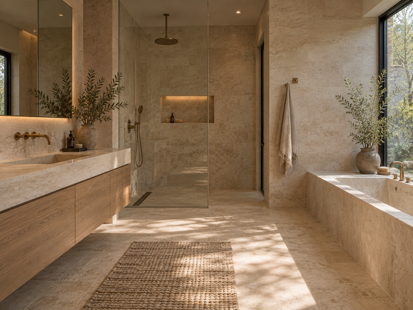Quietly styled bathroom interior with minimal accessories and considered object placement