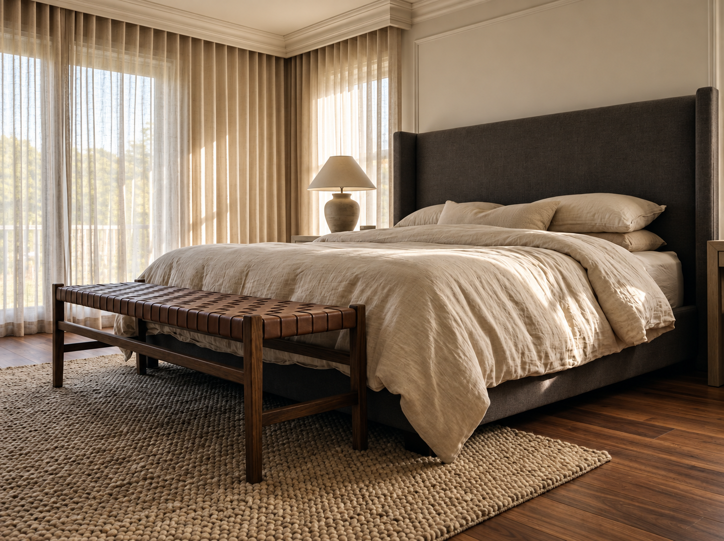 Upholstered headboard with quiet presence anchoring a refined luxury bedroom