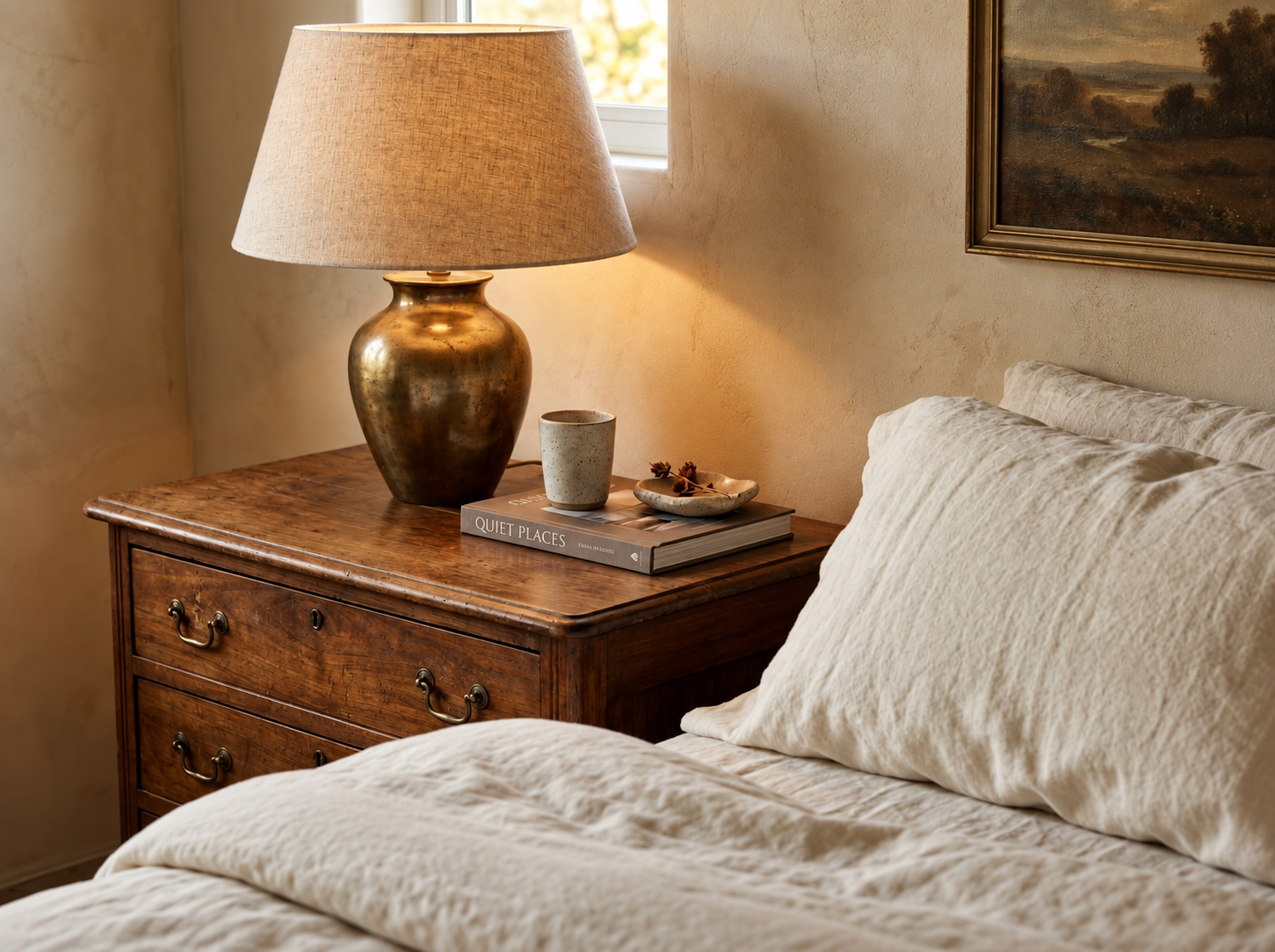 Refined nightstand with minimal objects and considered proportions beside a luxury bed