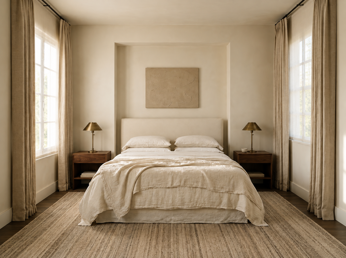 Statement bed positioned as the central focal point of a considered luxury bedroom interior