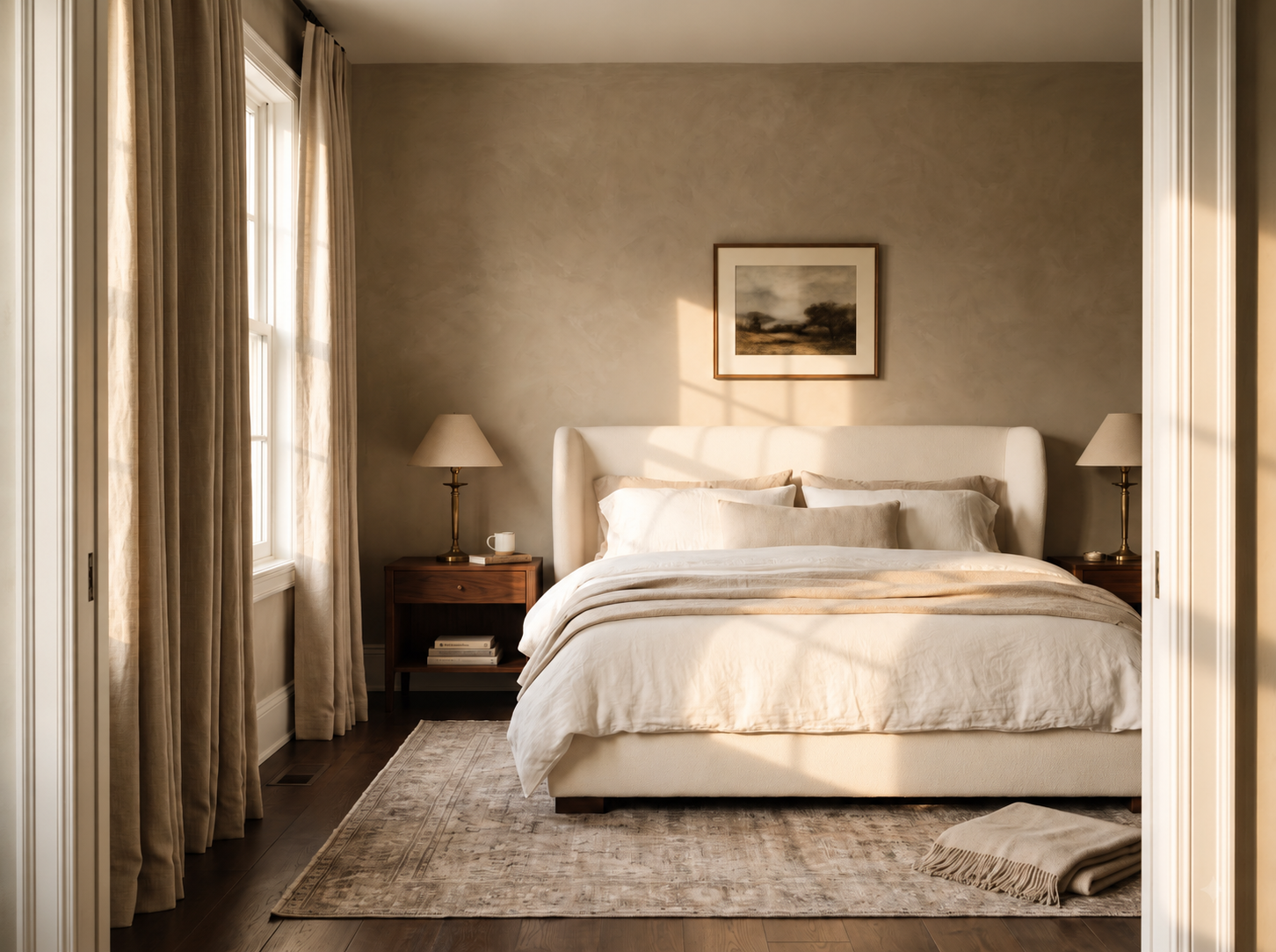 Serene luxury bedroom interior with calm neutral tones and considered natural materials