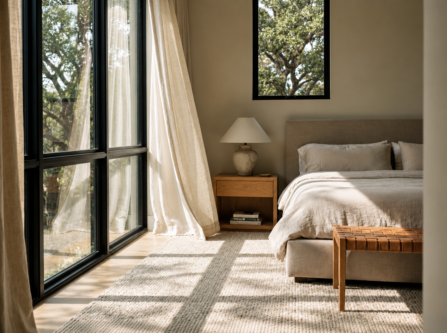 Dark wood bedroom furniture creating intimate warmth and luxury depth in a refined interior