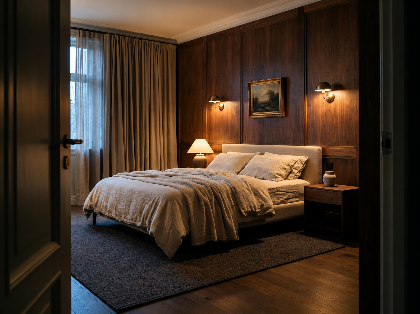 Soft muted colour introduced into a calm neutral bedroom creating warmth without disruption