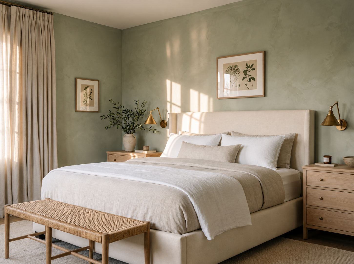 Modern canopy bed with relaxed linen draping in a calm contemporary luxury bedroom