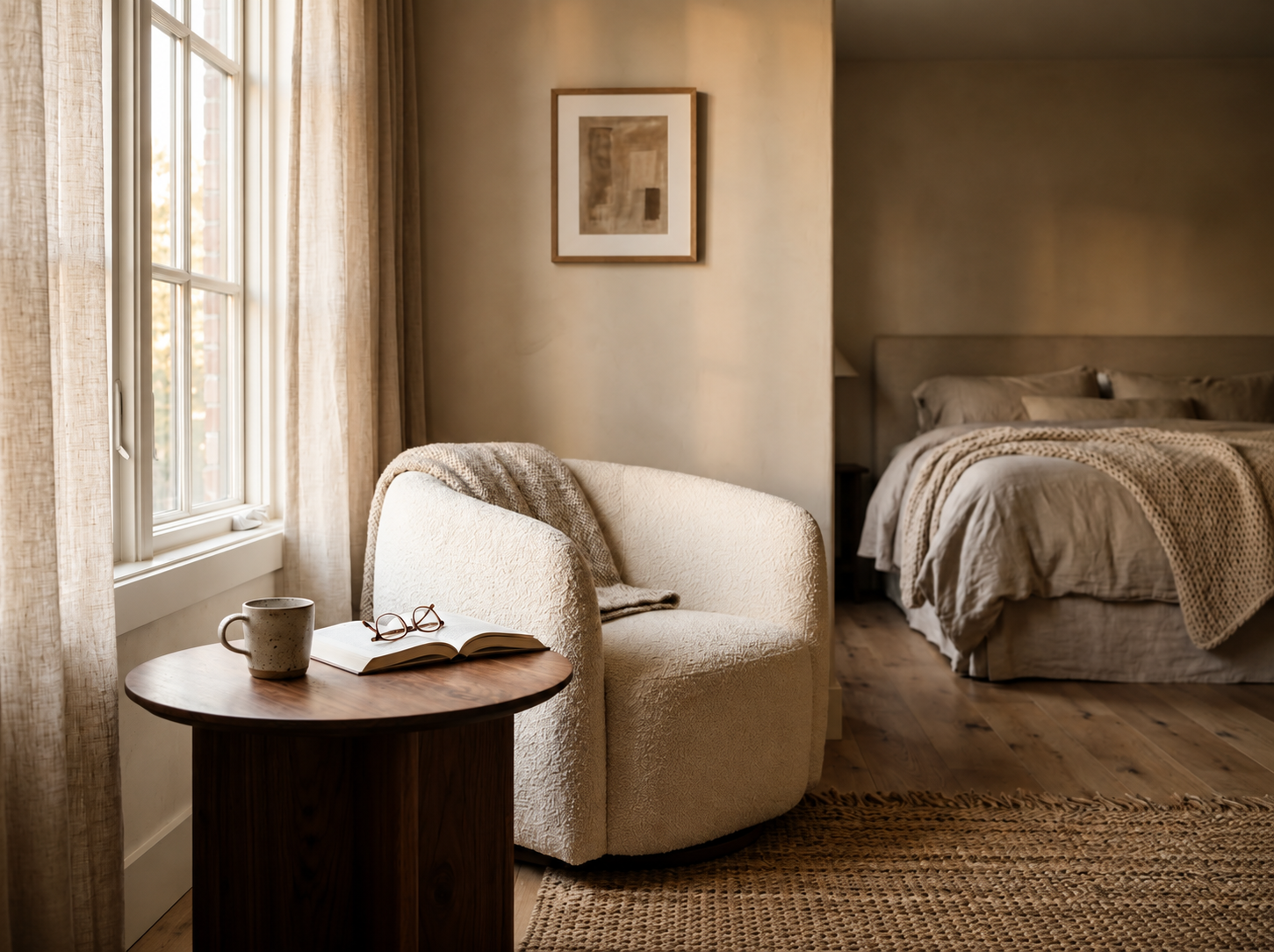 Symmetrical bedroom layout with matching bedside elements creating a calm polished interior