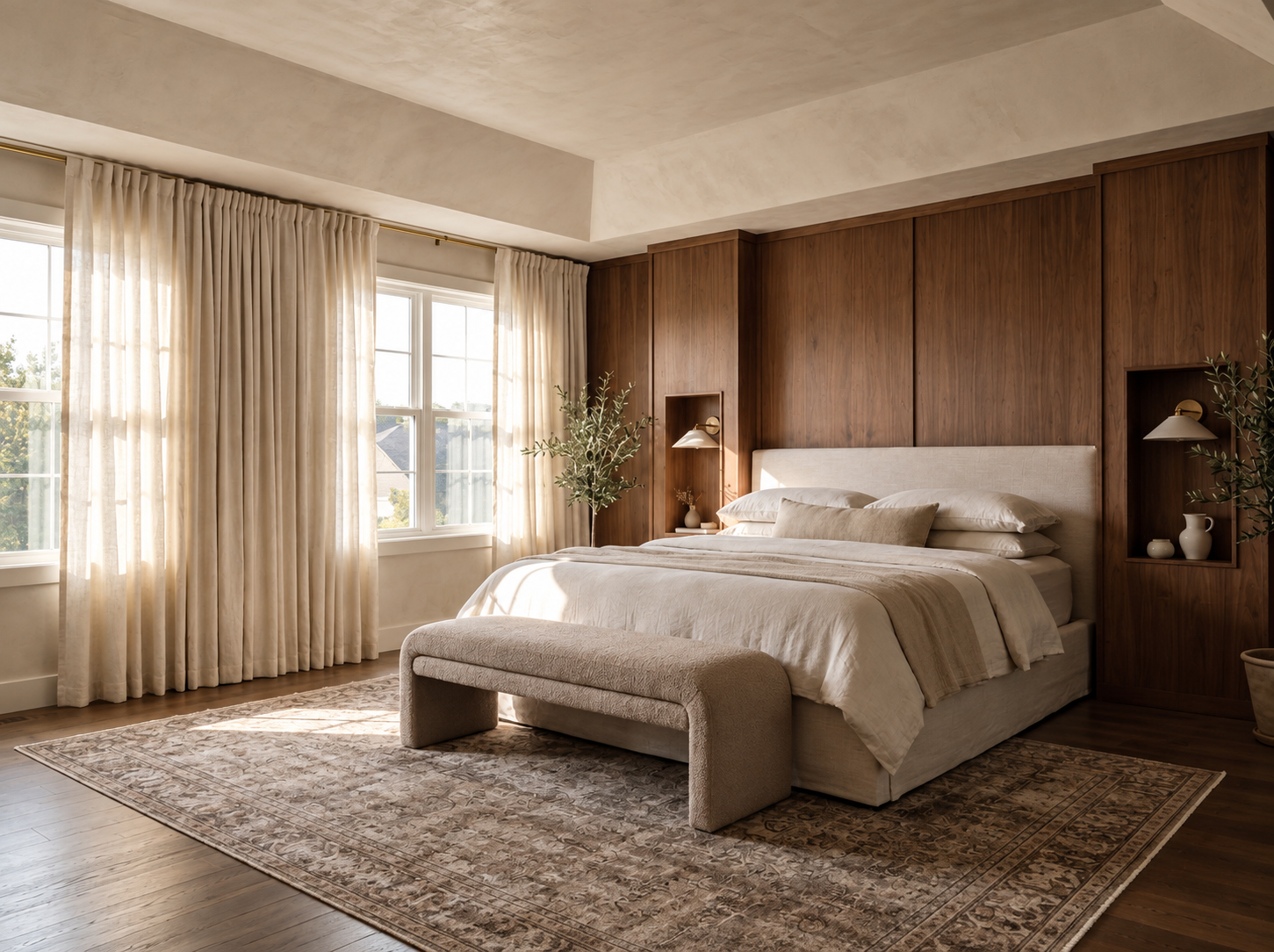 Luxury bedroom finished with understated details natural materials and calm editorial restraint