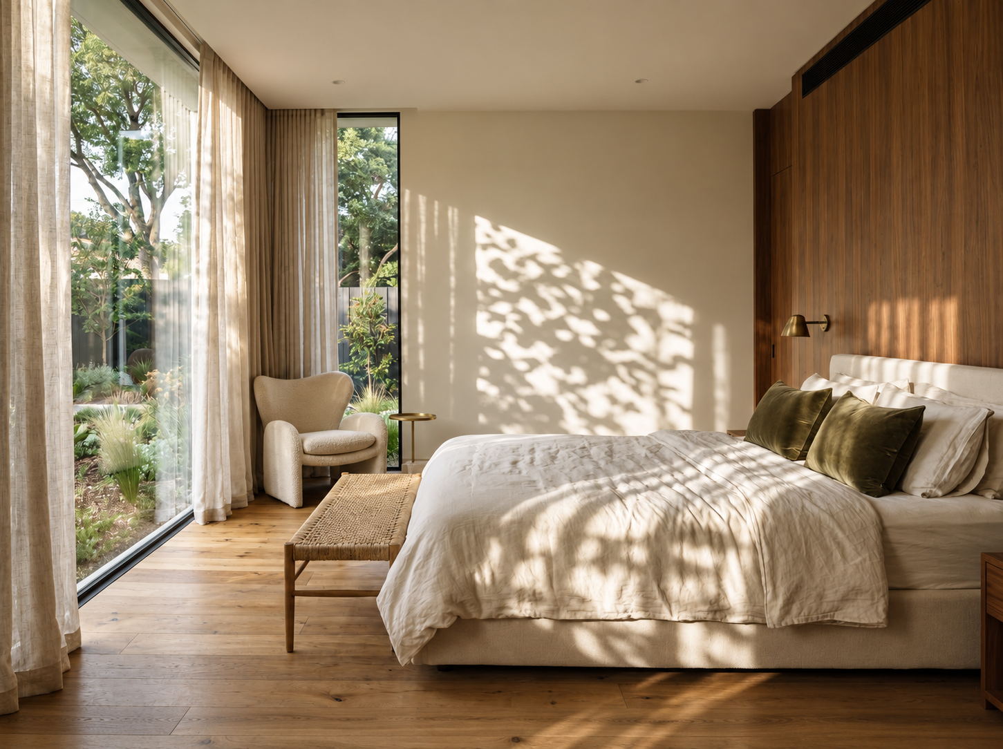 Rich wood bed frame paired with soft pale bedding creating warmth and contrast in a luxury bedroom