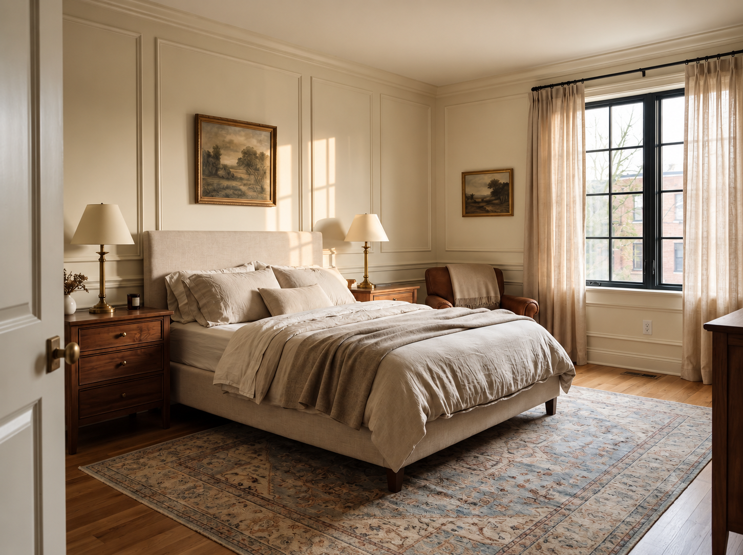 Classic bedroom character layered with modern comfort through textiles and considered furniture