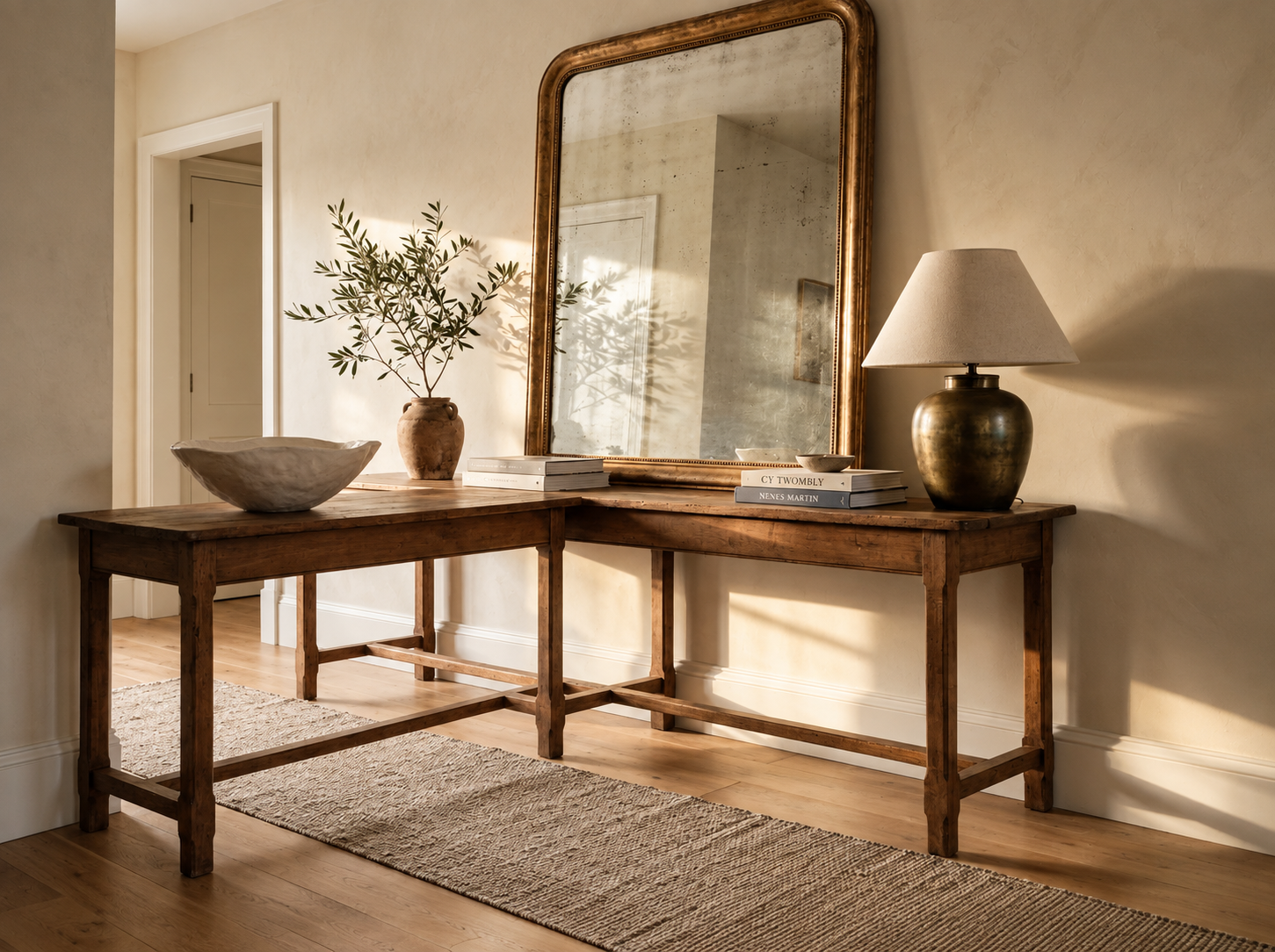 Elegant entryway styled with warm natural materials, a console table and considered accessories