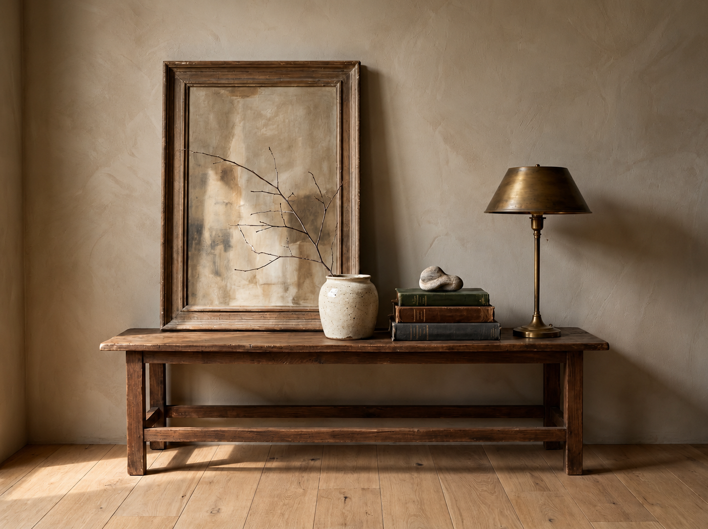 Interior surface styled with original art and a few meaningful accessories arranged with editorial restraint