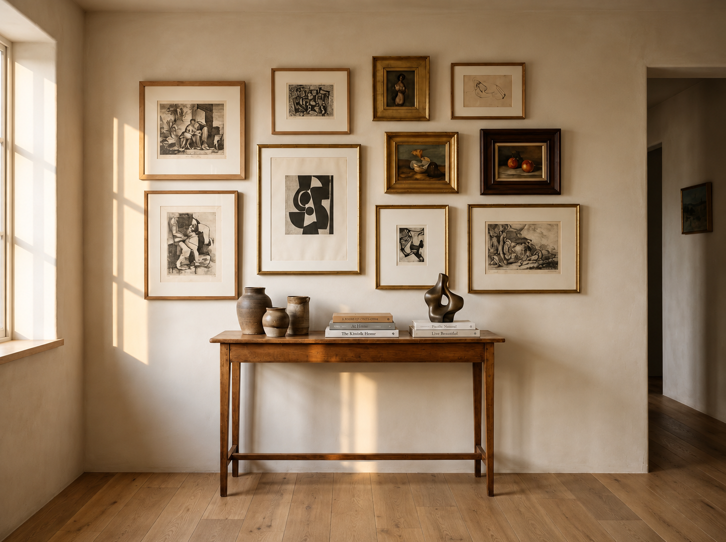 Curated gallery wall with a mix of framed art and photography arranged with editorial balance