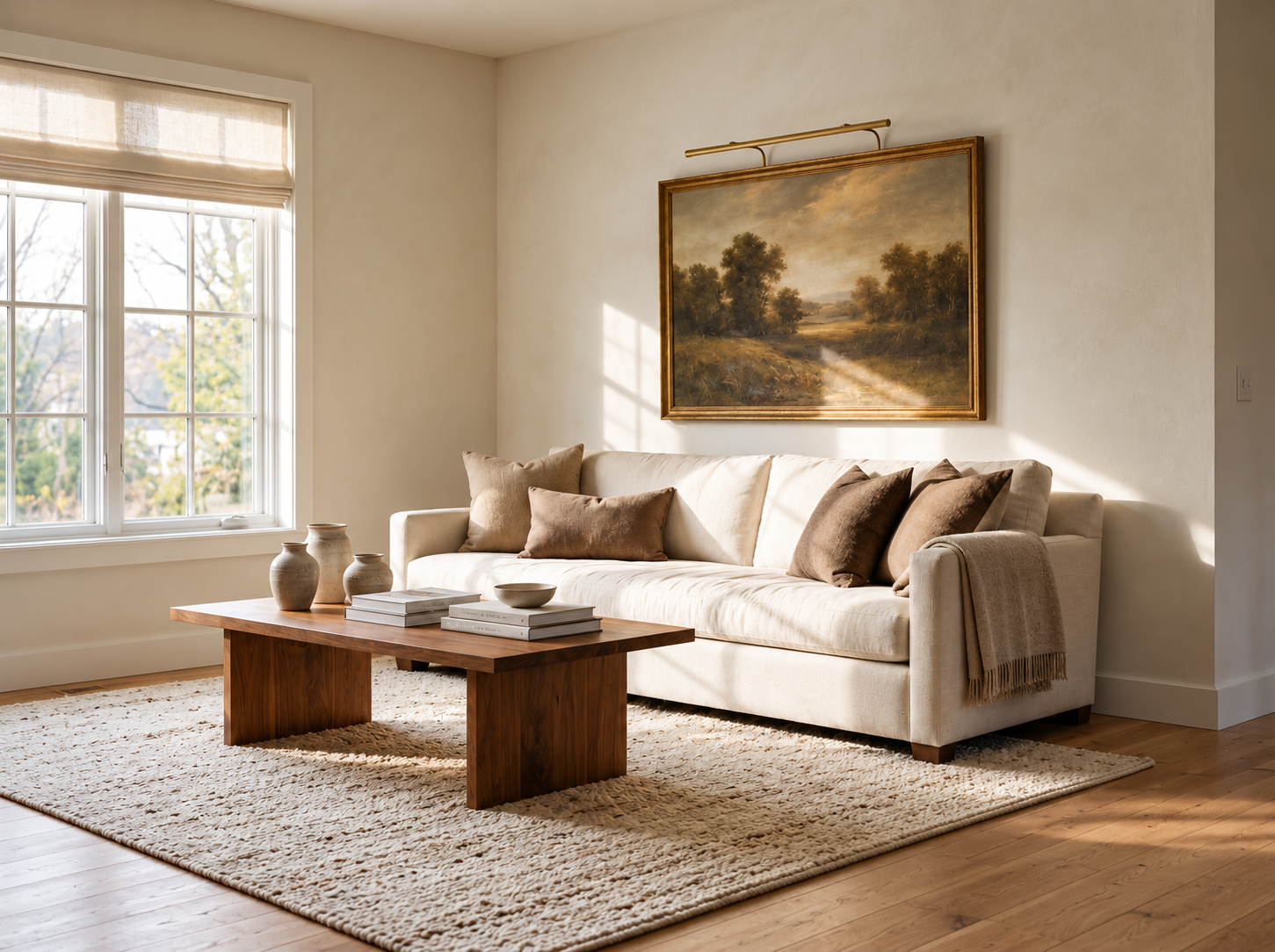 Beautifully styled living room with considered furniture arrangement, warm tones and refined accessories