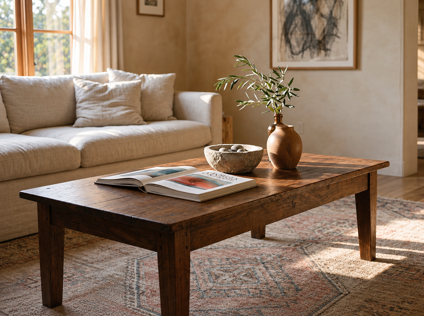 Coffee table styled with a few intentional objects including books, a tray and a natural accent piece