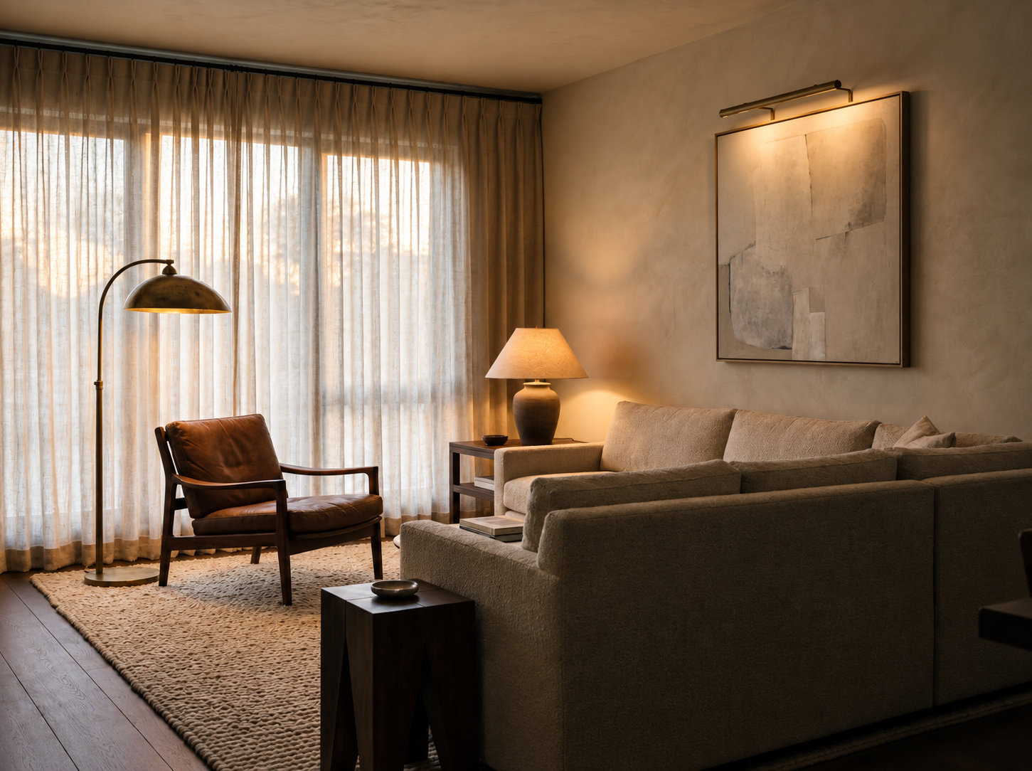 Living room with layered warm ambient lighting from floor lamps and table lamps creating a refined and intimate mood