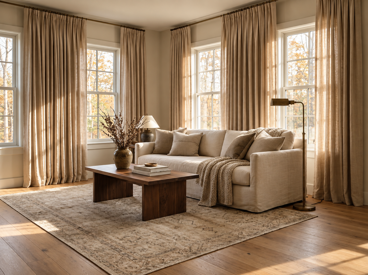 Living room windows dressed with floor length linen curtains hung from ceiling height for a refined and finished appearance