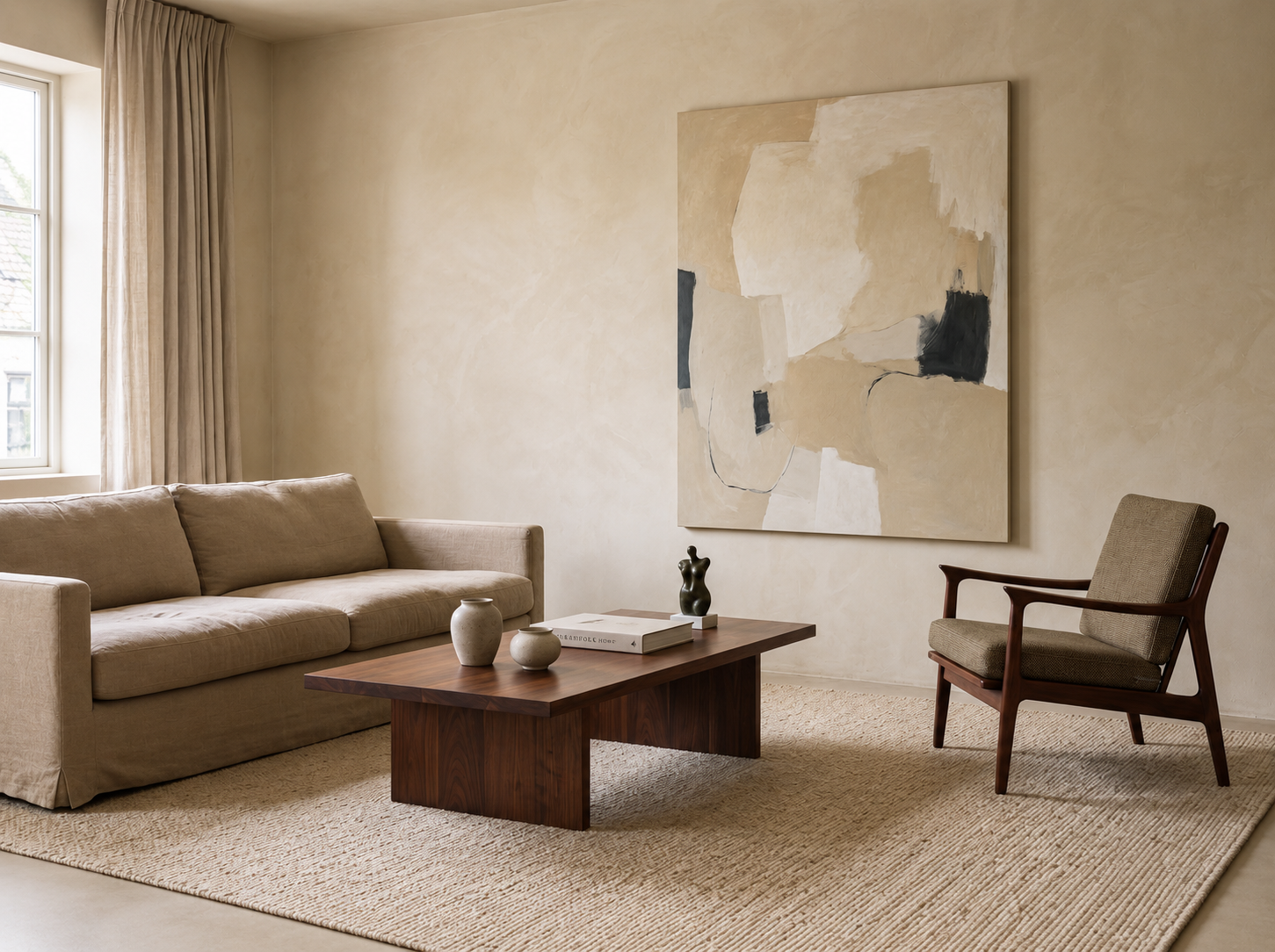 Well-proportioned living room with furniture arranged to allow generous space between pieces creating a calm and considered layout