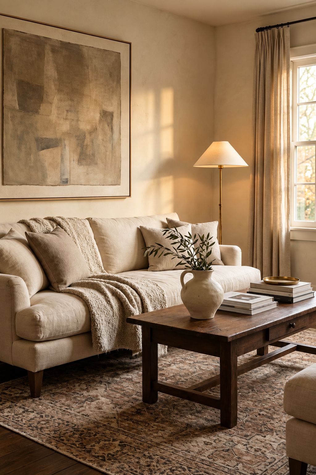 Living room with layered textures including a wool throw, linen cushions and a natural woven rug adding warmth and depth