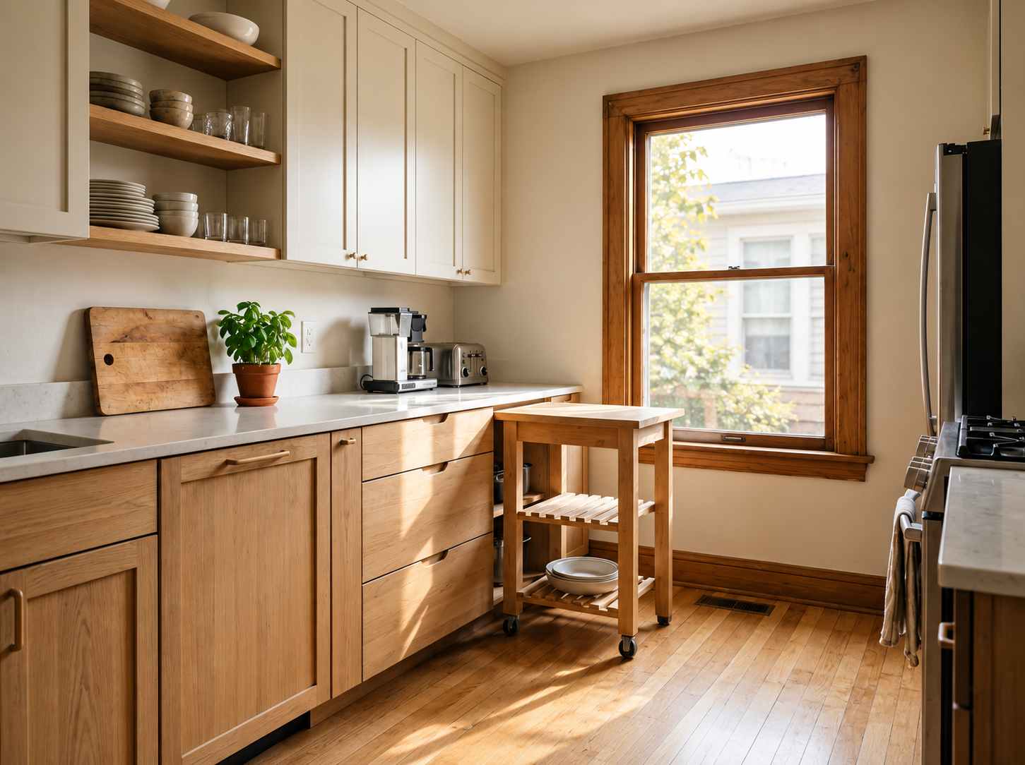 Neatly organised kitchen counter with considered styling, minimal objects and clean surface space