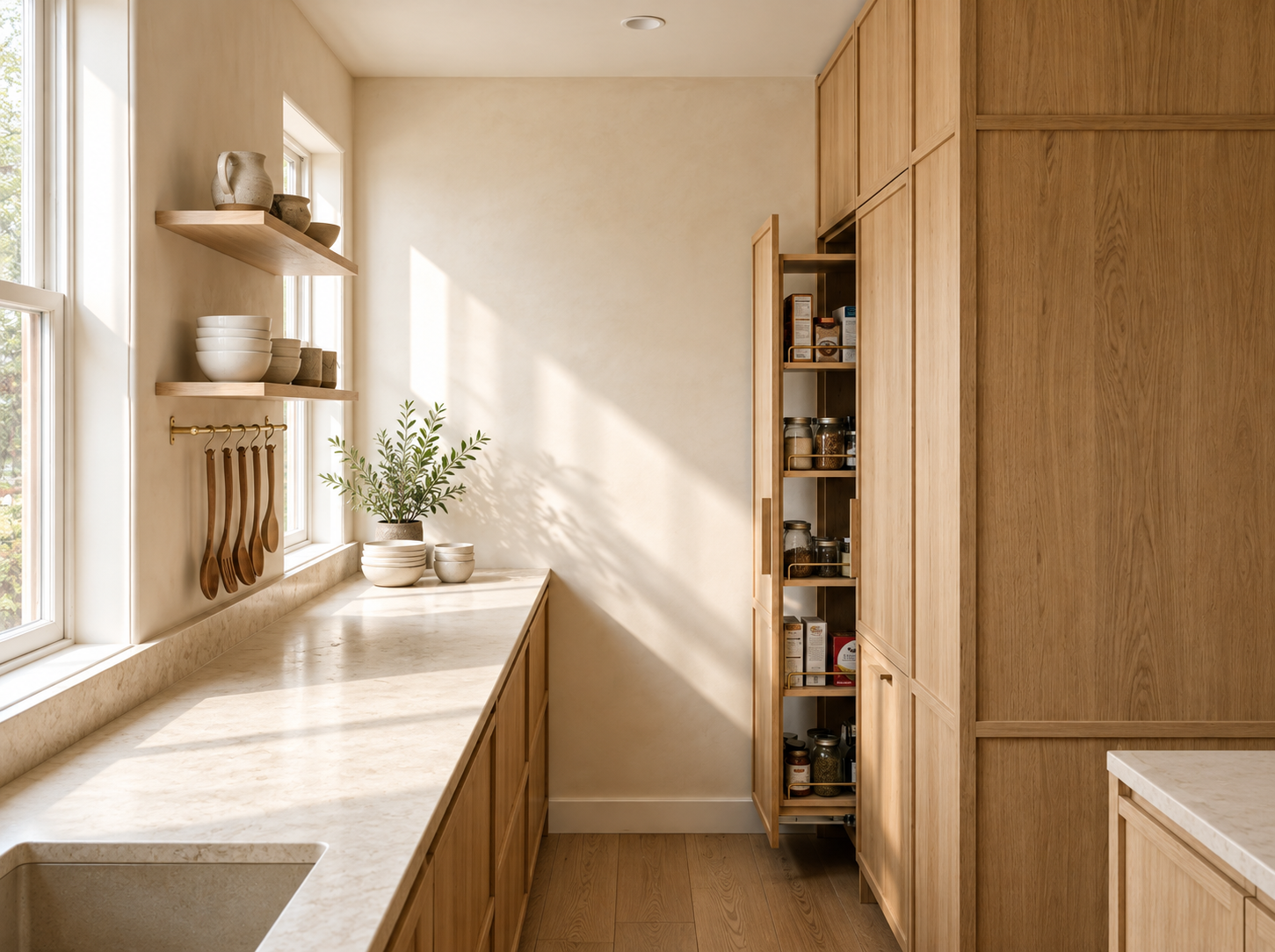 Kitchen corner storage solution with organised shelving and considered use of an awkward kitchen corner