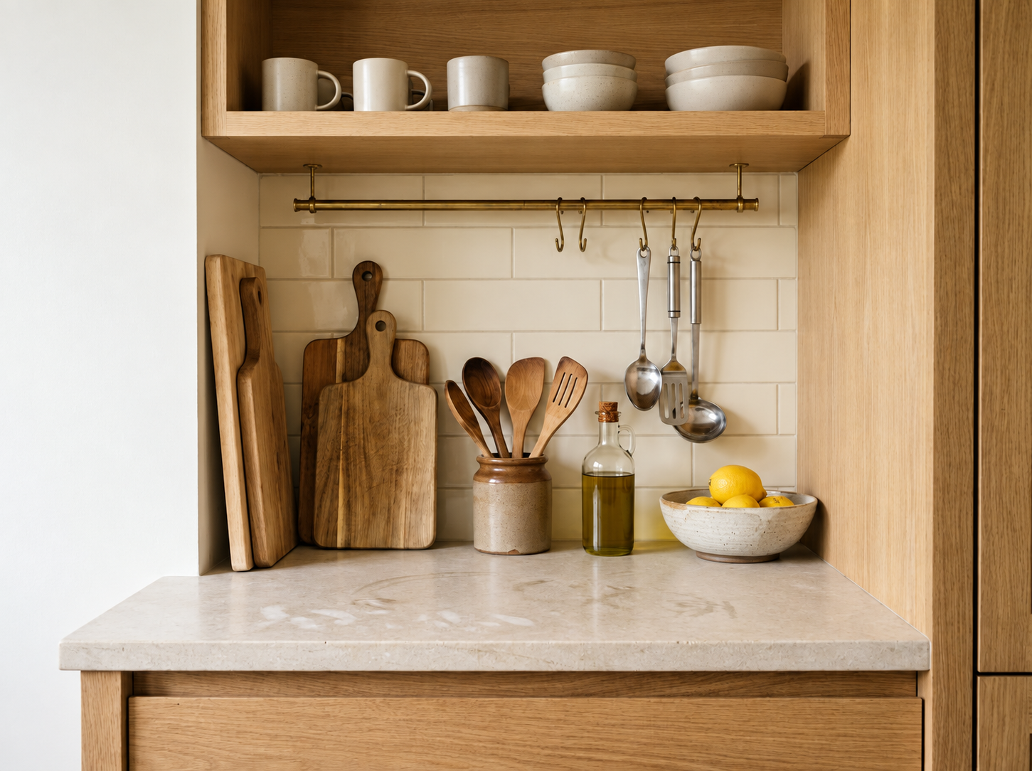 Dedicated kitchen prep area with organised tools and ingredients arranged for a specific everyday cooking task