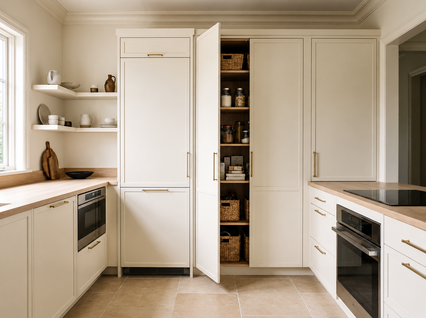 Kitchen with vertical wall storage using hooks, rails and shelving that adds function without visual clutter