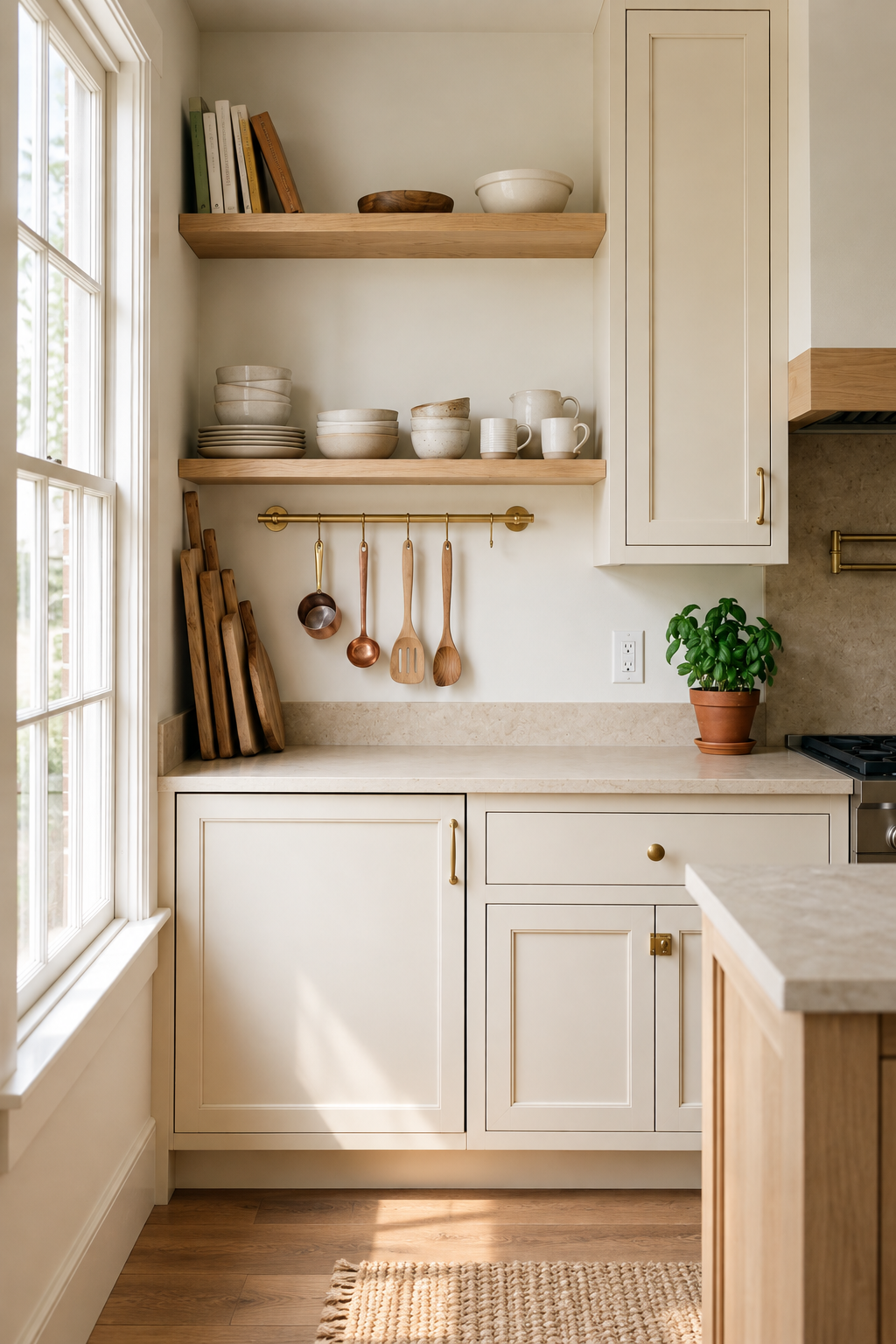 Kitchen storage area with most used cooking tools and ingredients arranged at arm level for practical everyday access