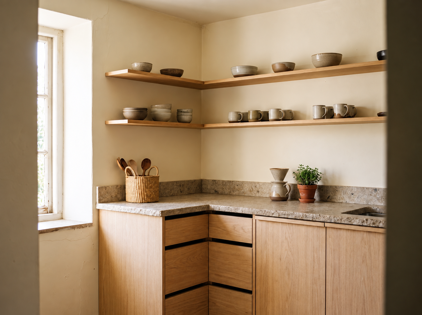 Open kitchen shelving styled with everyday items, jars and cookware arranged for easy access and visual calm