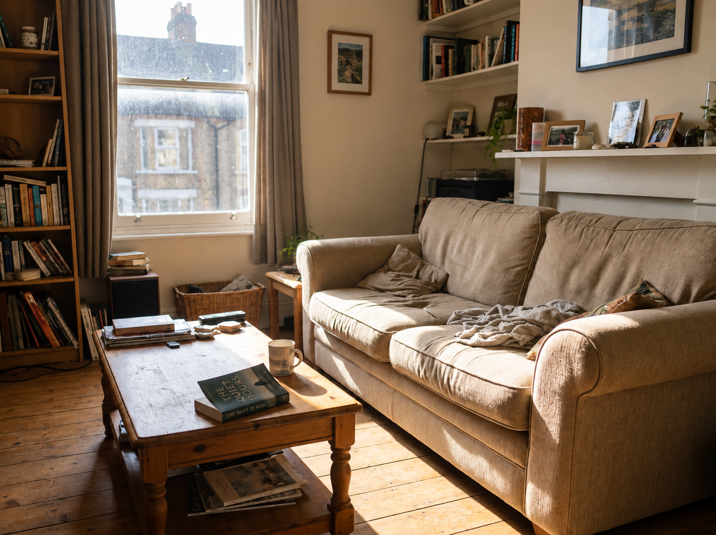 A real living room with warm tones and natural light that feels genuinely lived-in rather than staged for photography
