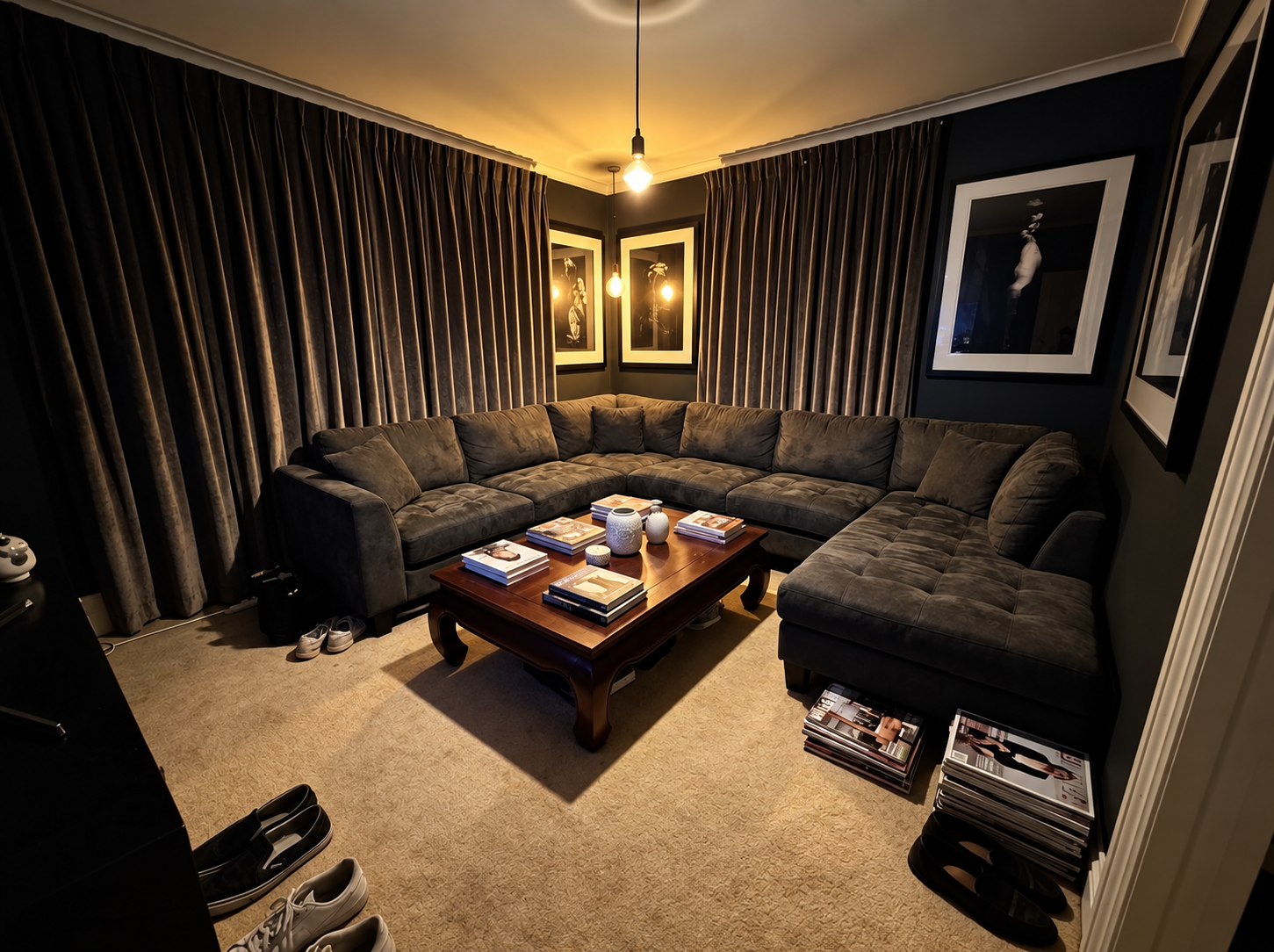 Living room showing contrast between dark heavy furniture and lighter airy pieces