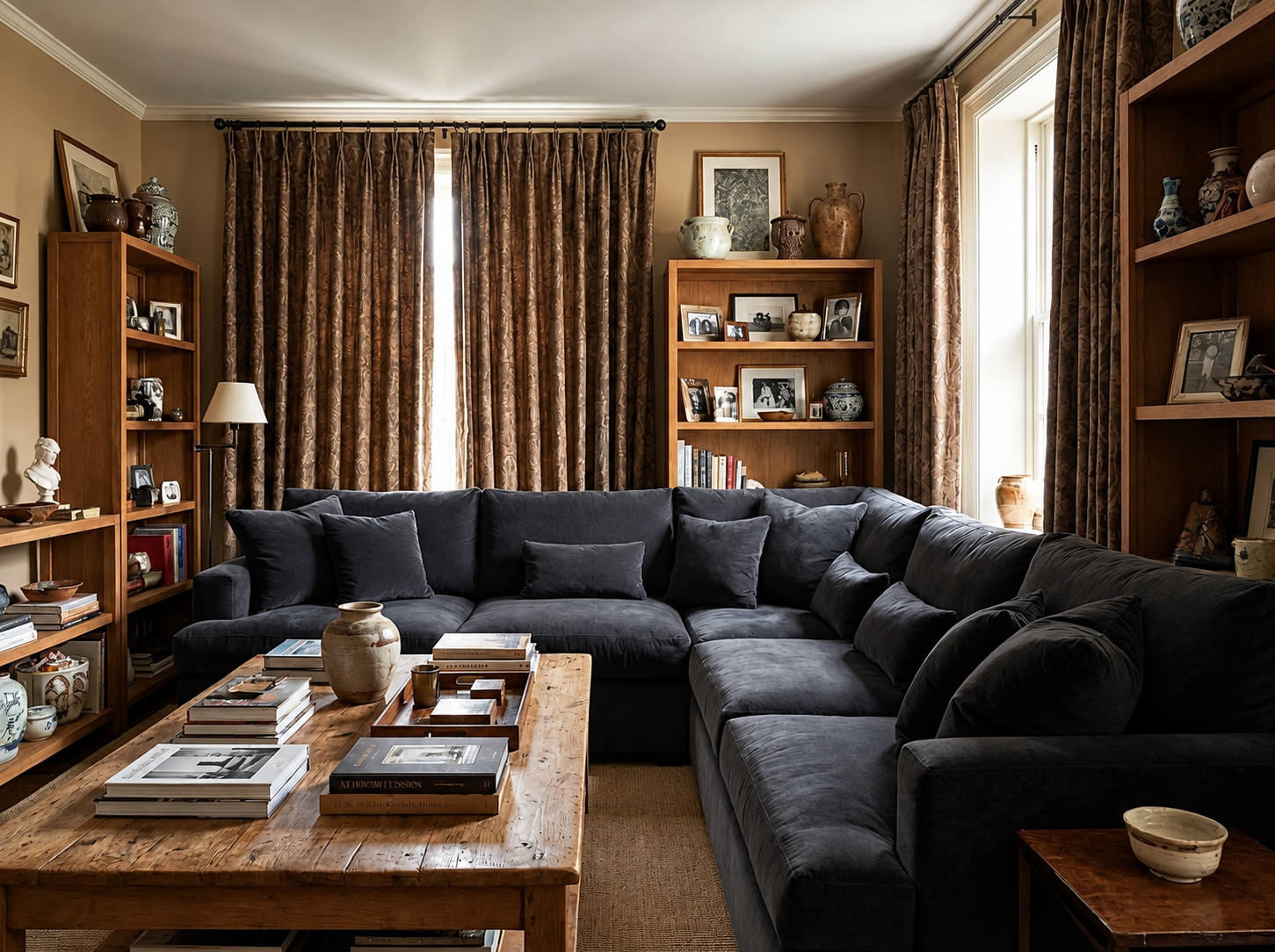 Living room with too much furniture making the space feel cramped and closed