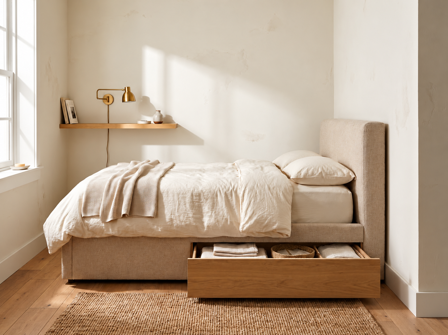 Bedroom with integrated storage that blends seamlessly into the overall interior design