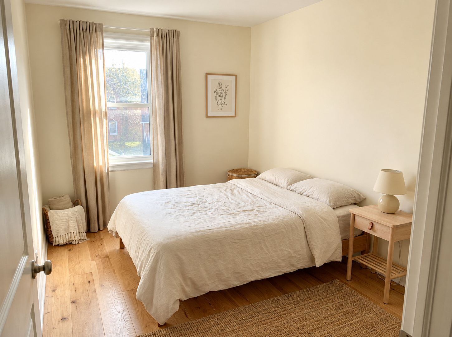 Calm and settled bedroom interior with considered furniture arrangement and soft natural light