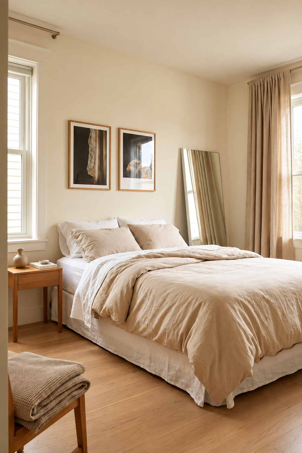 Bedroom bed styled with soft layered textiles and a finished, considered presence