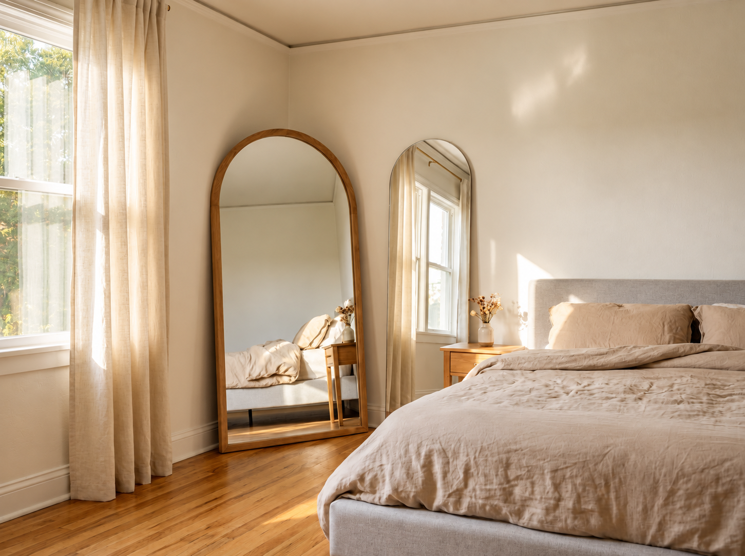 Bedroom interior using mirrors and reflective surfaces to add light and visual dimension
