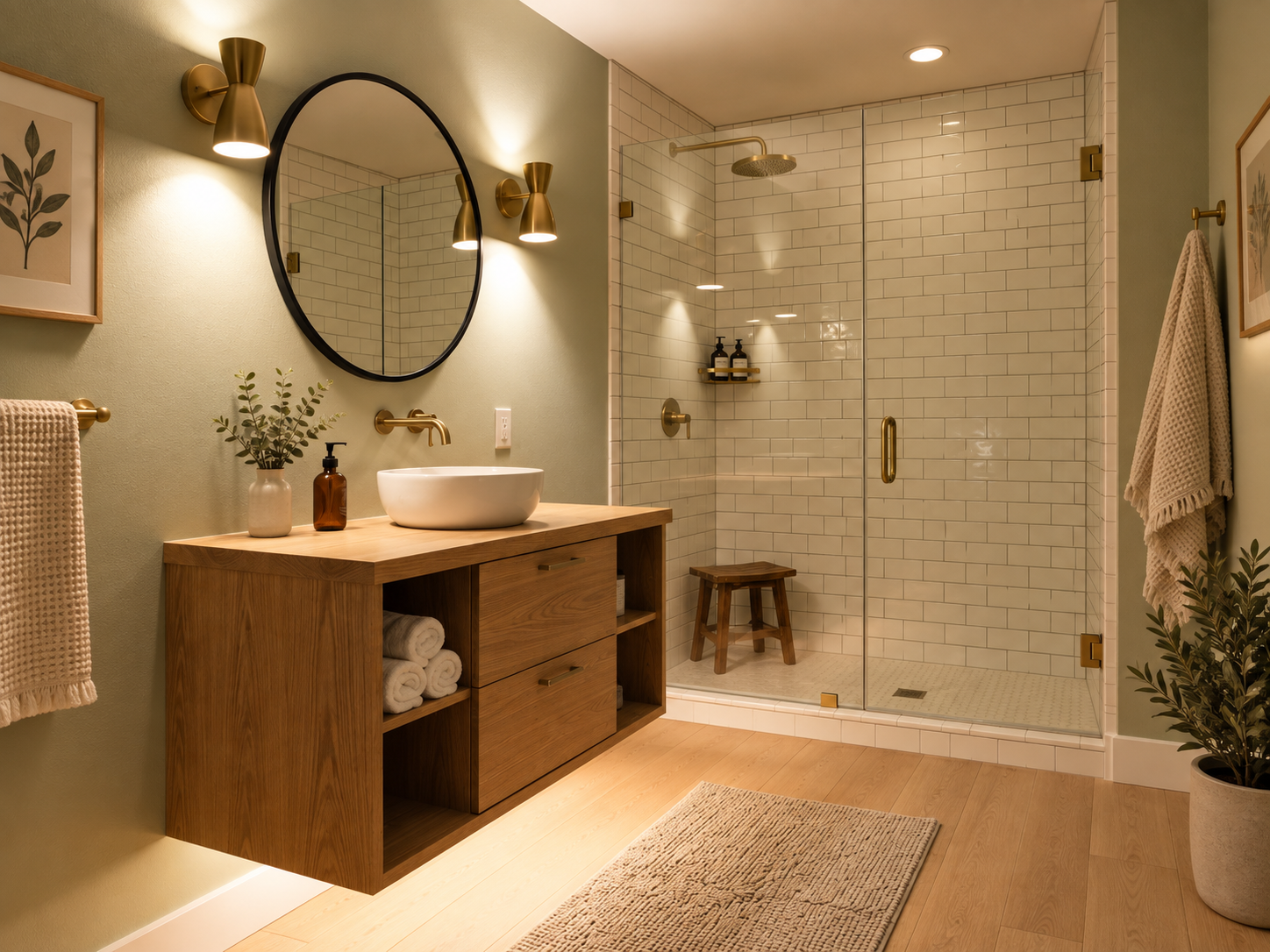 Floating wall-mounted vanity in a small bathroom creating visual space beneath