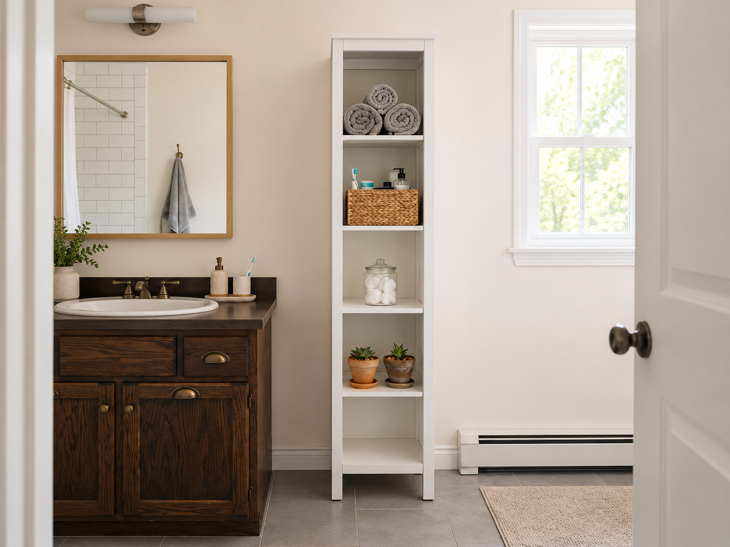Small bathroom with intentional empty wall space creating calm and a sense of luxury
