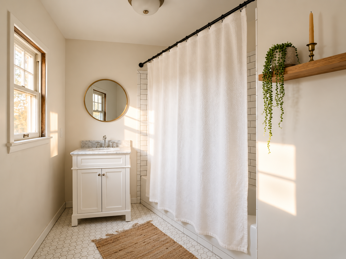 Small bathroom with layered lighting strategy creating depth and perceived space