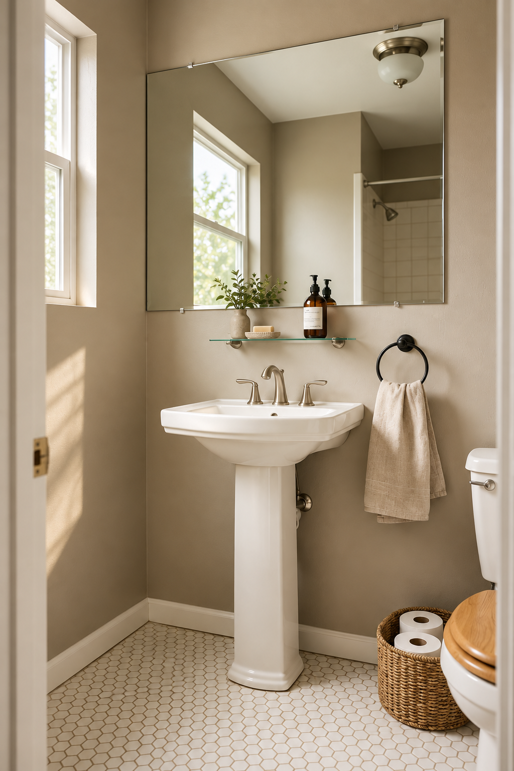 Minimalist small bathroom with low visual weight fixtures and pale tonal palette