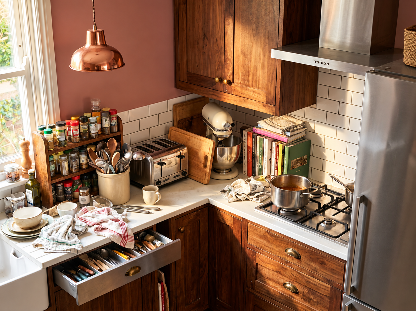 Clear kitchen counter providing generous prep space for comfortable and efficient cooking