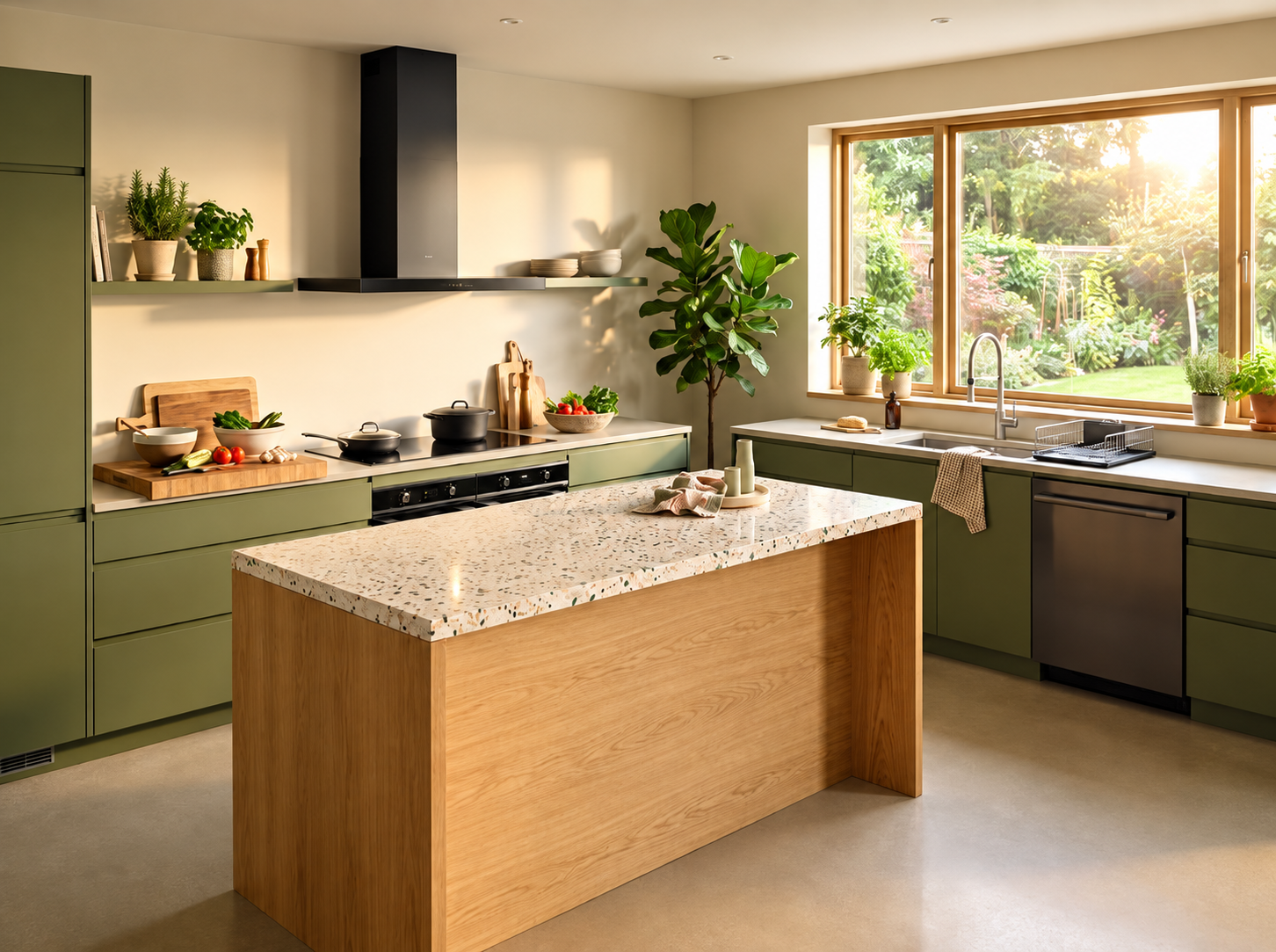 Open kitchen with clear pathways and comfortable movement between cooking and preparation zones