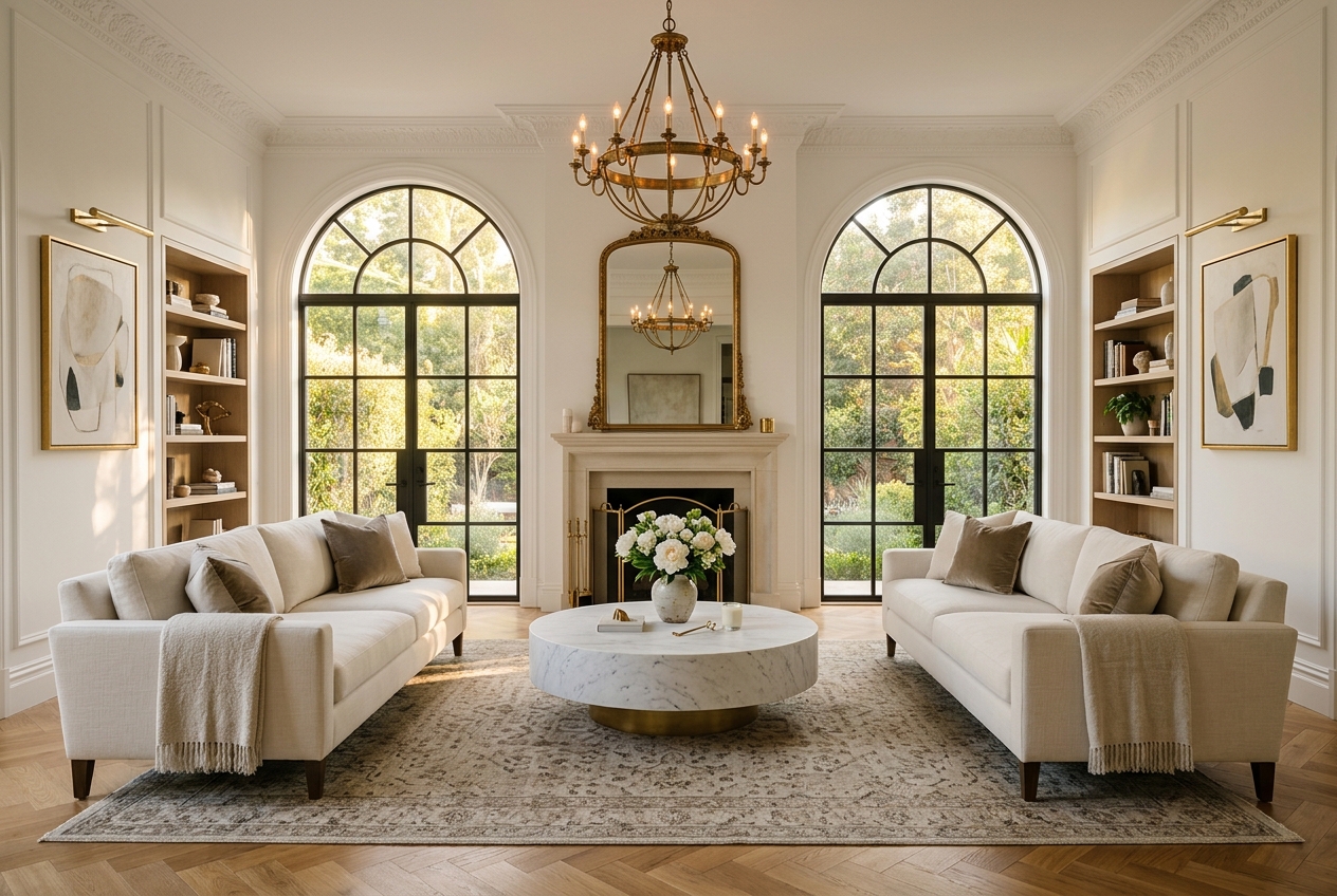Balanced and symmetrical interior design arrangement creating a calm and considered living space