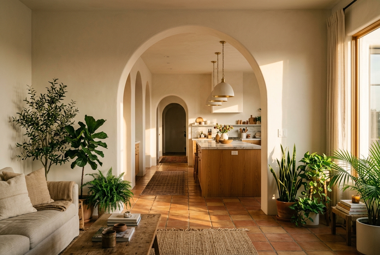 Interior with strong visual rhythm and natural flow guiding the eye through the space