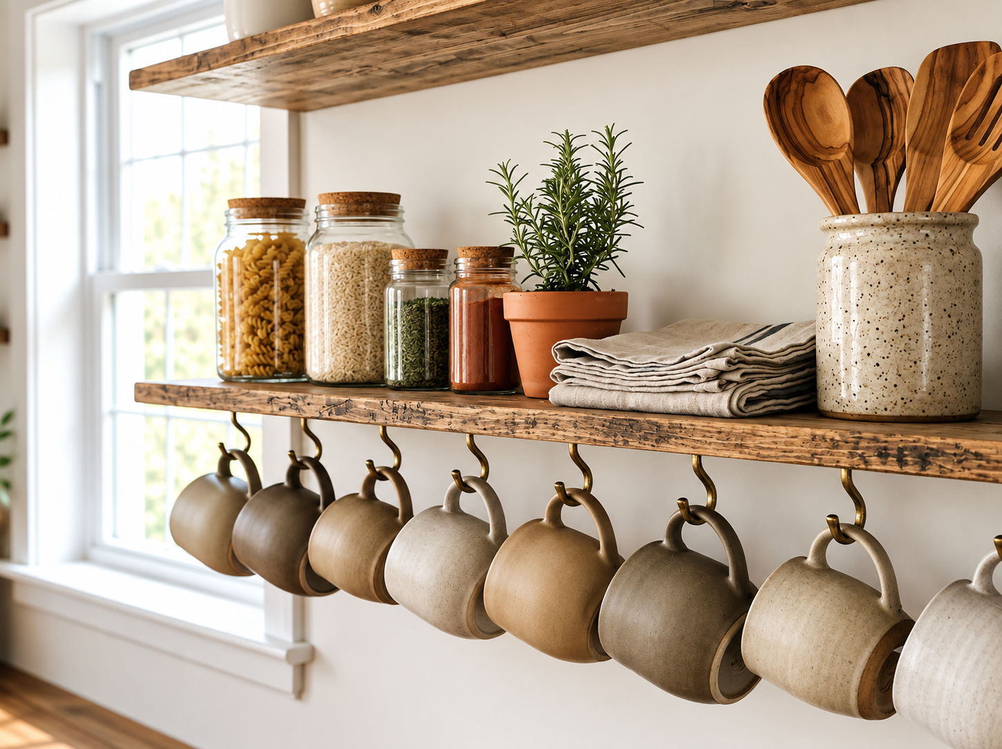 Open kitchen shelving styled with restraint to add warmth and character without visual clutter
