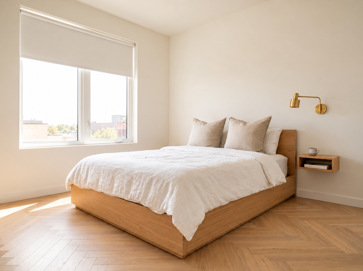 Small bedroom with generous space around the bed creating a calm and considered sleeping environment
