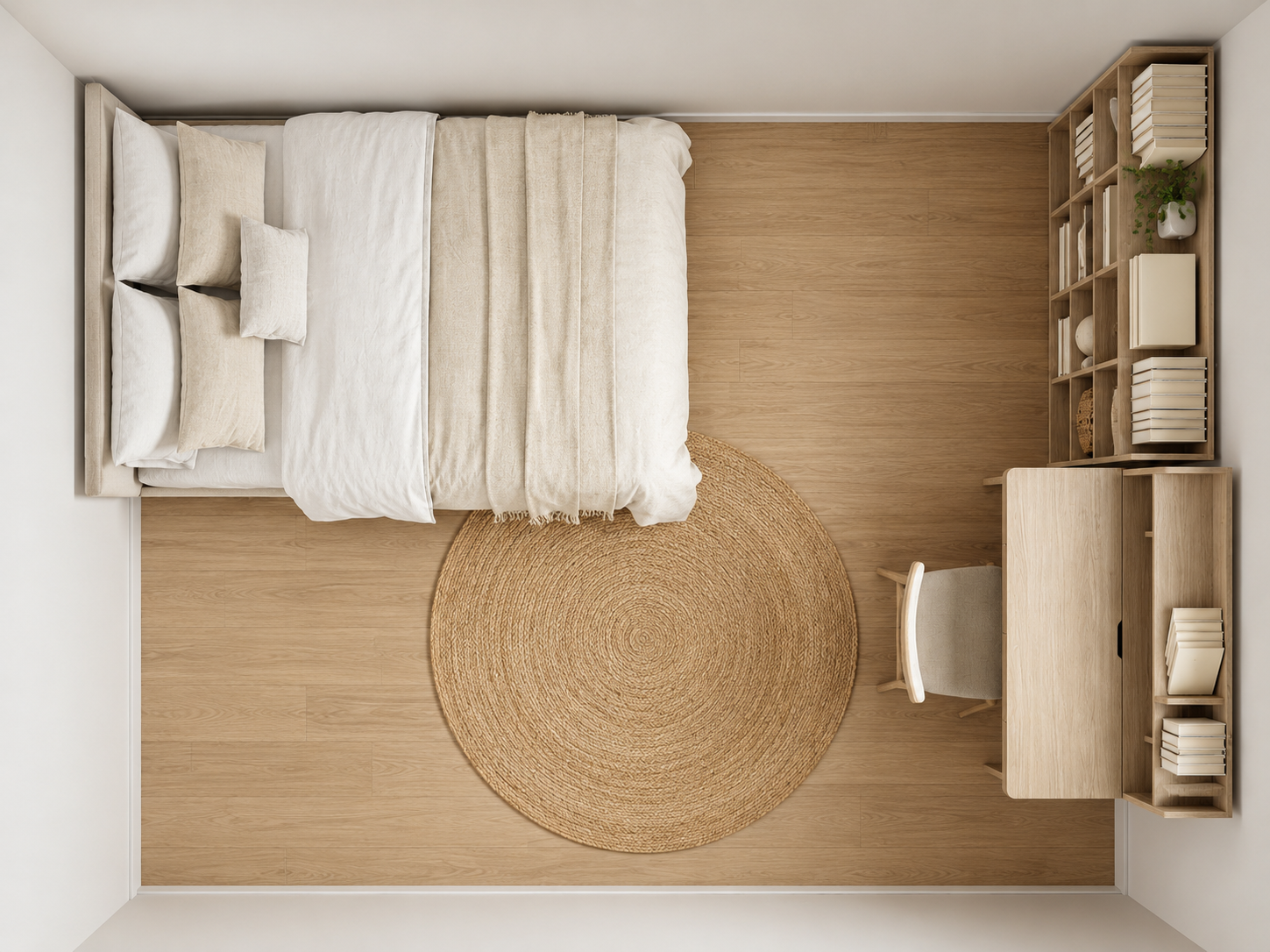 Overhead view of a small bedroom showing considered layout and thoughtful use of every available space