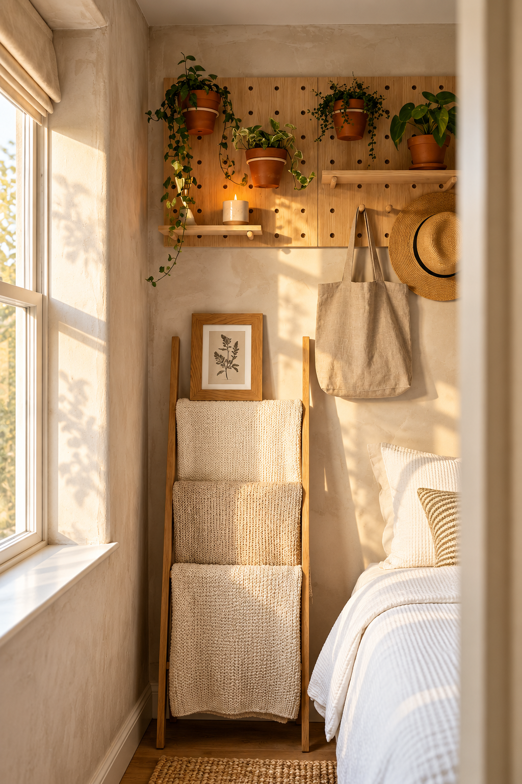A quiet personal corner in a small bedroom with a chair lamp and considered objects creating an intimate atmosphere