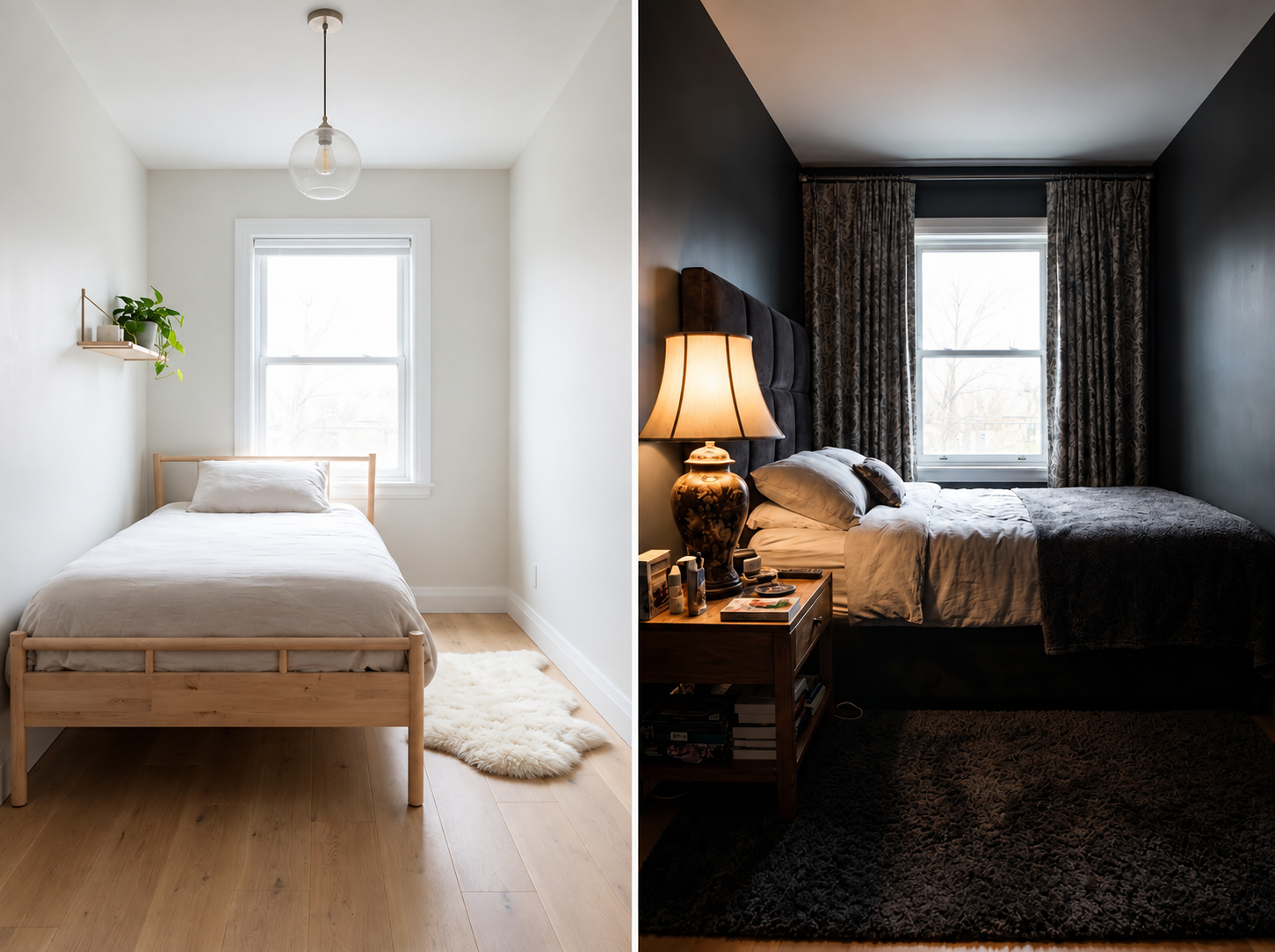 Small bedroom transformed through considered small changes to lighting textiles and layout without renovation